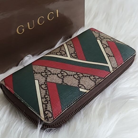 💯Authentic Gucci Round Zip Long Wallet GG Chevron Beige Green Red🍀 - Picture 5 of 16